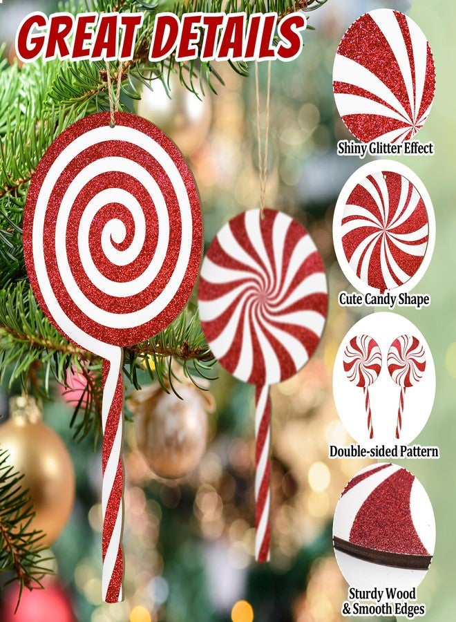 COCHIE 4Pcs Double-Sided Glitter Christmas Wood Candy Ornaments, 12" Large Lollipop Candy Ornaments Xmas Tree Candy Cane Hanging Ornament, Wooden Red Christmas Tree Decorations Peppermint Xmas Decor - Image 3